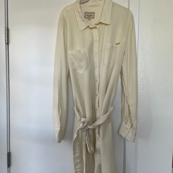 Guess White Button-Down Shirt Dress, Long-Sleeve‎ with  Waist Tie, Size XL - Picture 1 of 6